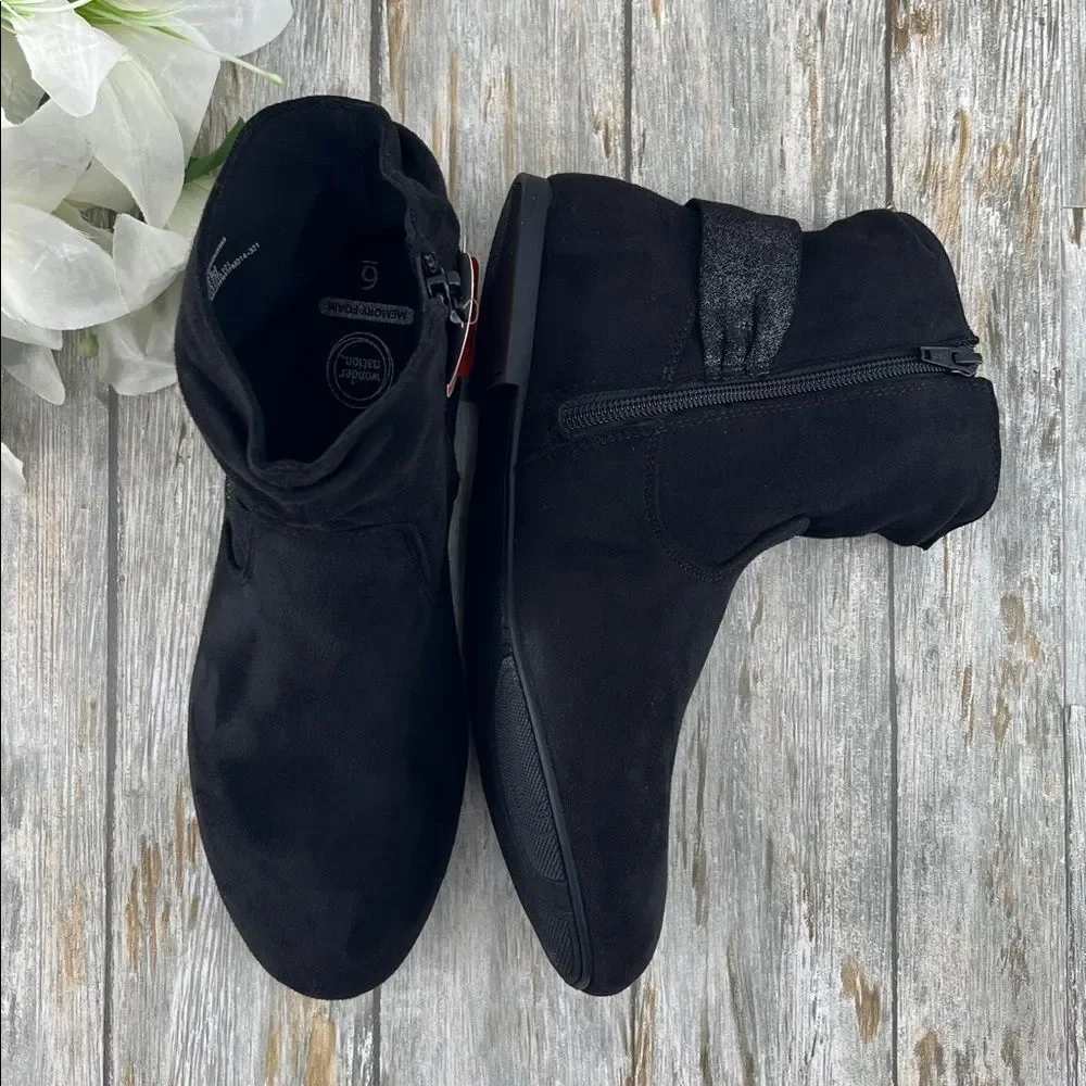 Big Girls Black Faux Suede Slouch Bow Ankle Boots Shoes Size 5
